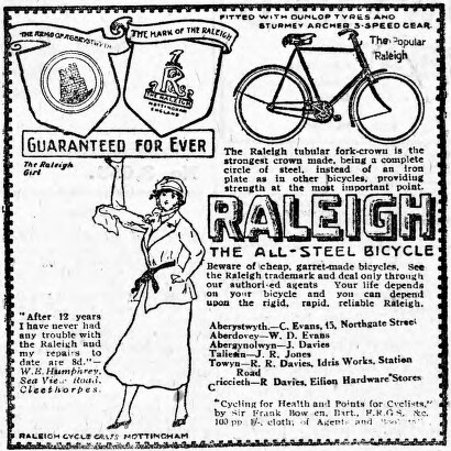 Raleigh advert from the pages of the Cambrian News and Merionethshire Standard, 17 October 1919
